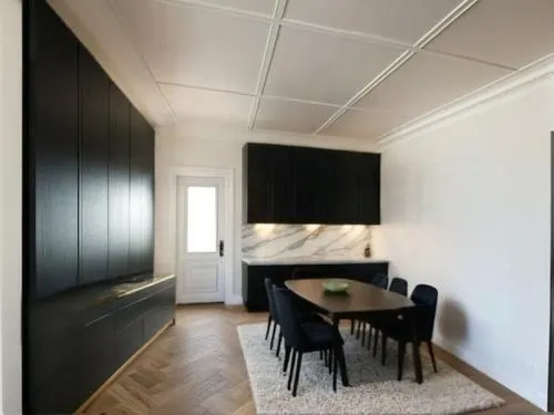  countertop from white marble with gold and grey veins,dining room and kitchen area with a table and chairs,rovere,appartement,gaggenau,modern room,danish room,appartment