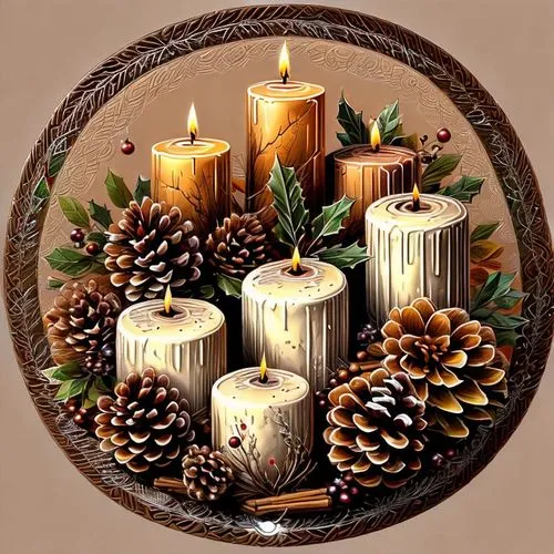 a basket filled with candles surrounded by pine cones,advent wreath,advent decoration,advent arrangement,christmas motif,advent candle,christmas candle