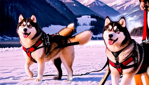 Alaskan Malamute, Siberian Husky, dog sled team, winter scene, snow-covered mountains, icy lake, frozen trees, frosty air, morning sunlight, dynamic movement, action pose, pulling sled, leather harnes