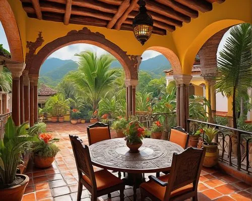 Traditional Colombian architecture, vibrant colors, clay tiles, wooden doors, ornate balconies, ironwork railings, Baroque-style ornaments, colonial-era influenced, tropical climate, palm trees, flowe