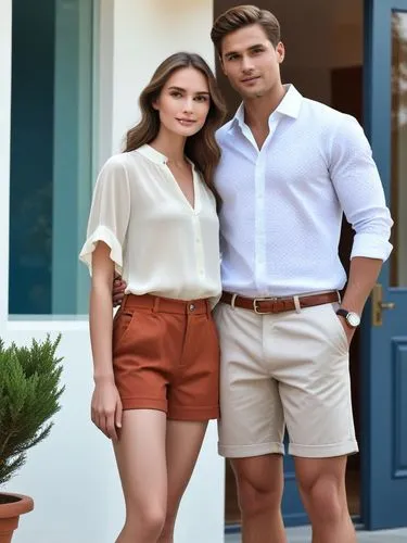 Create an elegant hand-holding couple in shorts that will show off your best work.,a young couple is dressed in casual clothes,lakorn,bermudas,young couple,menswear for women,pangako,guayabera