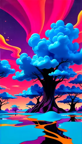 colorful tree of life,mushroom landscape,acid lake,cartoon forest,baobabs,cartoon video game background,futuristic landscape,psychedelic,painted tree,fantasy landscape,swampy landscape,tree grove,colorful background,background colorful,saturated colors,virtual landscape,psychedelia,kaleidoscape,magic tree,art background,Illustration,Realistic Fantasy,Realistic Fantasy 21