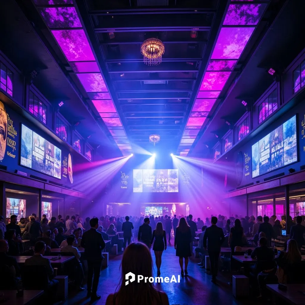 Vibrant nightclub atmosphere, pulsating strobe lights, dynamic LED installations, fog machines, laser beams, colorful neon signs, mirrored ceilings, metallic accents, futuristic DJ booths, sleek dance