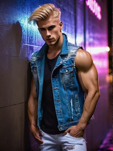 Muscular gay man, 25yo, handsome face, sharp jawline, bright blue eyes, messy blond hair, fit physique, sleeveless denim jacket, white tank top, ripped jeans, black boots, confident pose, leaning agai