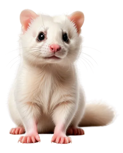 Ferret-faced, cute, white fur, pink nose, black eyes, whiskers, pointed ears, slender body, short legs, sitting, playful, innocent, soft focus, warm lighting, 3/4 composition, shallow depth of field.,