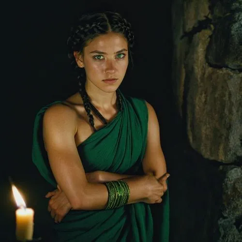 woman, 25 years old, dark brown hair, braids, green eyes, muscular, jewel green toga, ancient sparta,  night time, arms crossed, older sister,,hippolyta,margairaz,maenad,iphigenia,kahlan,eretria,andro