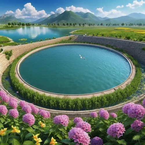 flower water,sewage treatment plant,wastewater treatment,water plant,pond flower,mineral spring,mountain spring,underground lake,thermal spring,water resources,swim ring,waste water system,artificial island,salt evaporation pond,acid lake,crescent spring,water lotus,water flower,wastewater,artificial islands,Photography,General,Realistic