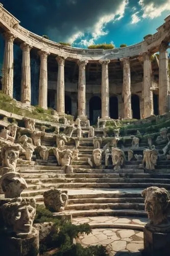 ancient theatre,celsus library,ephesus,coliseo,celsus,coliseum,caesonia,roman theatre,capitolium,dougga,panagora,segesta,the forum,greek temple,forum,roman ruins,pula,acropolis,amphitheaters,hierapolis,Illustration,Realistic Fantasy,Realistic Fantasy 47