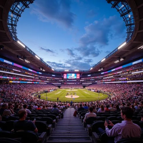 Stadium seating, tiered rows, vibrant crowd, electric atmosphere, dynamic lighting, massive video screens, sleek modern architecture, open-air design, panoramic views, comfortable seating areas, acces