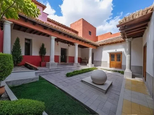 DISEÑO DE UNA CASA ESTILO MEXICANO MODERNO, CON UN CLAUSTRO CONFORMADO POR UNA TERRAZA  A BASE DE VIGAS DE MADERA, TEJA, COLUMNAS REDONDAS, EN EL CENTRO UN ESPEJO DE AGUA, CON EL ESTILO DE LA ARQUITEC