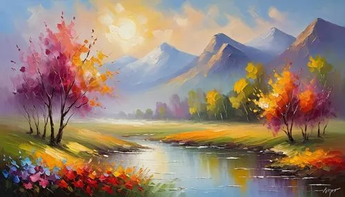 autumn landscape,fall landscape,autumn mountains,autumn background,landscape background,river landscape,mountain landscape,mountain scene,autumn idyll,nature landscape,autumn scenery,painting technique,art painting,oil painting on canvas,landscape nature,meadow landscape,autumn morning,forest landscape,mountainous landscape,landscape,Conceptual Art,Oil color,Oil Color 22