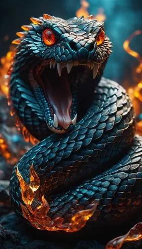 A snake monster, made of pure crystals, translucent, ripped body, flaming skull, ,dragon fire,fire background,fire breathing dragon,serpent,emperor snake,black dragon,fire eyes,venomous snake,snakebit