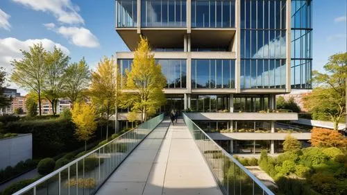 mejora el cielo con toques y matices de color dorado, mejora la vegetación con paisajismo, mejora la reflectividad del vidrio 
,embl,glass facade,esade,rikshospitalet,radboud,rigshospitalet,autostadt 