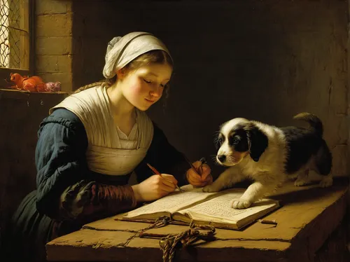 girl with dog,girl with cloth,girl studying,woman holding pie,st. bernard,working terrier,woman praying,praying woman,girl with bread-and-butter,east-european shepherd,candlemas,girl in cloth,st bernard,girl in the kitchen,girl praying,old english terrier,child with a book,landseer,woman playing,woman eating apple,Art,Classical Oil Painting,Classical Oil Painting 06