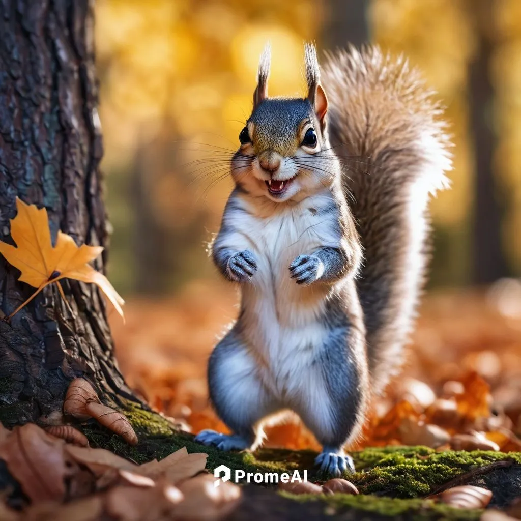 Furry, adorable, squirrel-chipmunk hybrid, bushy tail, fluffy ears, big round eyes, white stripes on forehead, brown and gray fur, chubby cheeks, tiny paws, standing on hind legs, holding a nut, fores