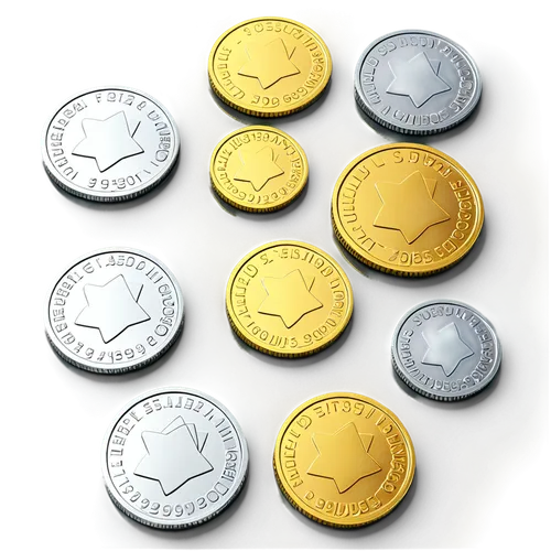 Shiny coins, scattered arrangement, various denominations, metallic material, reflective surface, detailed texture, 3D appearance, golden and silver colors, round shape, flat lay, slight shadow, soft 