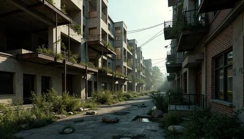 Decaying urban landscape, crumbling buildings, exposed brick walls, rusty metal beams, overgrown vegetation, abandoned streets, cinematic lighting, high contrast shadows, atmospheric fog, eerie ambian