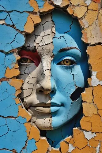 woman's face,tear-off,woman face,wooden mask,basler fasnacht,croydon facelift,urban street art,venetian mask,weathered,streetart,artist's mannequin,urban art,public art,torn paper,mystique,avatar,blue demon,majorelle blue,masque,deterioration