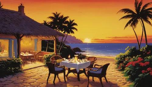 beach restaurant,outdoor dining,romantic dinner,hawaiian food,tropical house,fine dining restaurant,bahian cuisine,beach bar,tropical island,a restaurant,caribbean,restaurants,luau,puerto rican cuisine,costa rican cuisine,hawaii,tropical beach,thai cuisine,dream beach,beach resort,Art,Classical Oil Painting,Classical Oil Painting 04