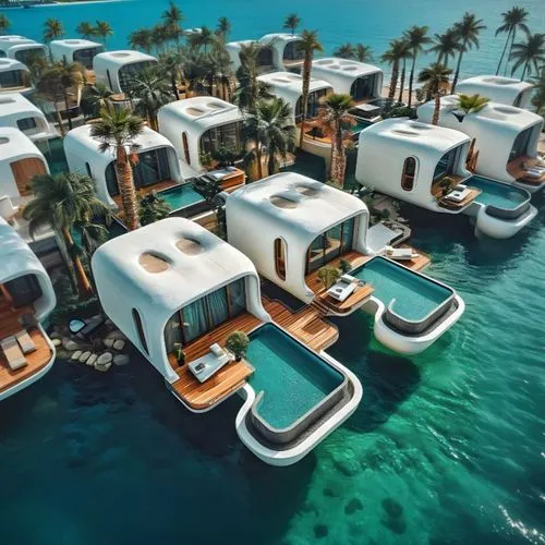 the floating resort is floating in clear blue water,floating huts,cube stilt houses,floating islands,houseboats,seasteading,over water bungalows