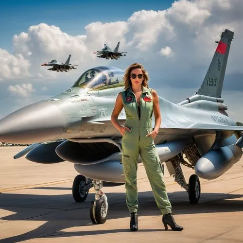 A stunning and well-composed photograph capturing a beautiful 31 years old gorgeous female jet figter pilot in elaborate light green overall, standing some 150 m distance  in front of the nose of a  G