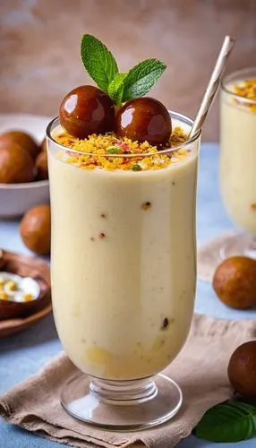 गुलाब जामुन वाली लस्सी in a very beautiful glass,mango pudding,zabaione,gulab jamun,rice pudding,passion fruit daiquiri,pannacotta,white chocolate mousse,sheer khurma,panna cotta,passion fruit juice,a