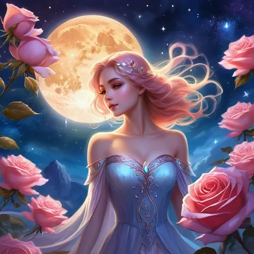 blue moon rose,rosa 'the fairy,romantic rose,sky rose,the sleeping rose,rosa ' the fairy,moonflower,fantasy picture,zodiac sign libra,moon and star background,rose flower illustration,rosa ' amber cover,fairy queen,fantasy portrait,bright rose,moonbeam,sleeping rose,horoscope libra,queen of the night,disney rose,Illustration,Realistic Fantasy,Realistic Fantasy 01