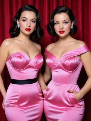 La même photo mais avec deux très belles femmes en rose bonbon très courtes vêtues avec des formes voluptueuses, avantageuses, des lèvres rouges satinées et du noir autour des yeux. ,two women in pink