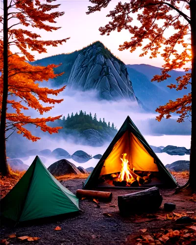 Mountainous landscape, camping site, sunset atmosphere, trees with leaves, rocky terrain, tent in the center, camping equipment scattered around, bonfire pit, smoke rising, warm lighting, 3/4 composit