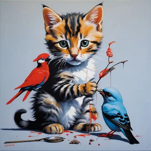 cat sparrow,catbirds,animaux,pintura,bird painting,pacitti,Illustration,Realistic Fantasy,Realistic Fantasy 24