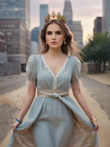 a woman with long brown hair and bright brown eyes stands in the middle of a bustling city street, gazing out at the skyscrapers. She wears a red gown and a pair of black shoes, and a crown made of go