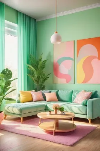 mid century modern,pastel colors,modern decor,mahdavi,soft furniture,tropical house,mid century house,kitschy,living room,interior design,livingroom,tropicana,sofa set,pastels,sofa,pastel wallpaper,mid century,interior decoration,furnishing,pink green,Conceptual Art,Oil color,Oil Color 23