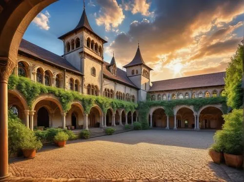 cloister,cloisters,stanford university,cloistered,abbaye de belloc,stanford,abbaye,convento,monastery of santa maria delle grazie,assisi,prague monastery,zelenay,monastery garden,certosa di pavia,monastery,courtyard,residenz,arcaded,maulbronn monastery,citta alta in bergamo,Illustration,Paper based,Paper Based 11