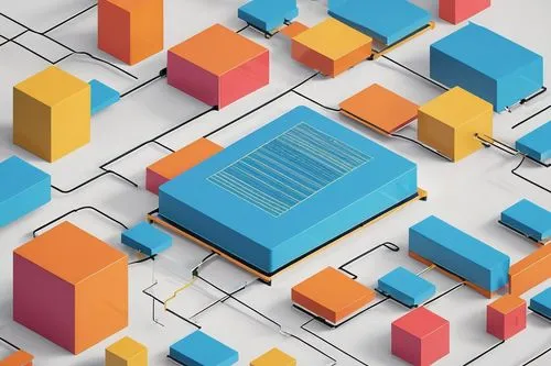 Computer organization architecture diagram, PDF document, modern minimalist background, simple bold lines, bright colorful blocks, CPU, memory, input/output devices, buses, arrows indicating data flow