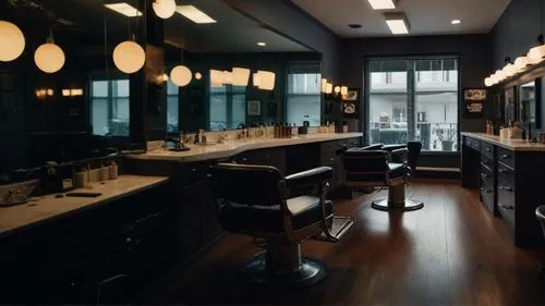 barber shop,salon,dark cabinetry,beauty room,barbershop,dark cabinets,beauty salon,under-cabinet lighting,luxury bathroom,barber chair,vintage kitchen,barber,hairdressing,dressing table,hairdressers,t