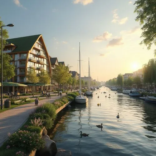 Riverbank, urban planning, modern architecture, curved lines, green roofs, eco-friendly buildings, waterfront promenade, pedestrian path, street lamps, benches, trash cans, bicycles, sailboats, kayaks