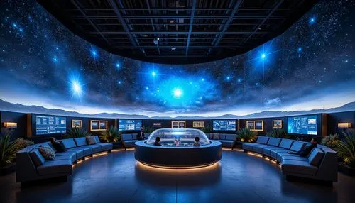 Cosmic planetarium, minimalist architecture, sleek metal structures, circular dome shapes, starry night sky projections, 360-degree panoramic views, comfortable seating areas, ambient LED lighting, fu