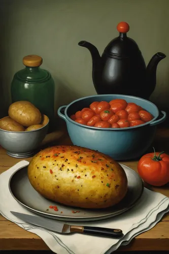 Write a story set in a farmhouse kitchen where the protagonist bakes a delicious stuffed potato.,still life with jam and pancakes,tureen,still-life,still life with onions,casserole dish,pan-bagnat,sti