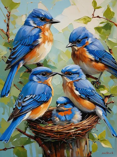 In a peaceful garden, describe the playful interaction between baby bluebirds and their caring mother.,baby bluebirds,birds on a branch,bird painting,birds on branch,blue jays,fledgling bluebirds,juve