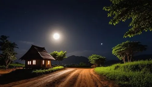 there is a dirt road that is next to a building, street moon landscape, at night with full moon, at night with moon light, nightime village background, moonlit kerala village, night time photograph, a