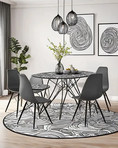 dining room table,dining table,danish furniture,modern decor,kitchen & dining room table,contemporary decor,chair circle,table and chair,dining room,set table,scandinavian style,conference table,round table,conference room table,patterned wood decoration,folding table,table arrangement,kitchen table,black table,round metal shapes,Illustration,Black and White,Black and White 05