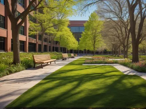 U.S. university campus, landscape architecture, modern building, green lawn, tall trees, walking path, stone pavement, outdoor seating area, wooden benches, flower beds, blooming flowers, sunny day, s