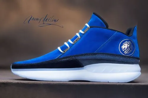 Suede sneaker, Lion head logo on vamp,  clear gel inlay on sole, royal blue with black and white trim color scheme ,Suede sport shoe blue,flints,jays,jordan shoes,mavericks,bluechips,mavs,Illustration