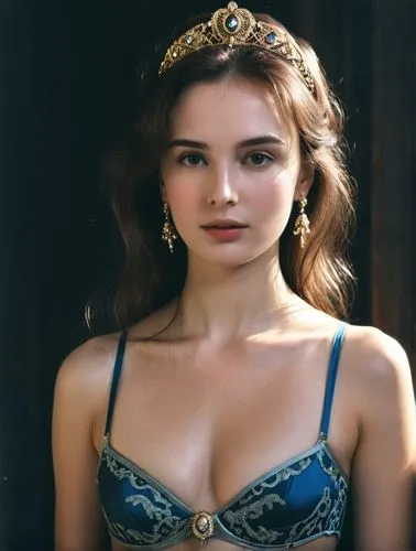 Create a convincing and bright, technically high-resolution photo portrait of a young Russian tsar's daughter.,a beautiful young woman wearing a blue ,demelza,tiara,tiaras,pevensie,hermias,celtic quee