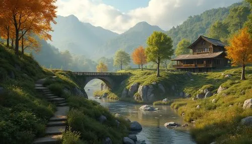 fantasy landscape,house in mountains,alpine village,house in the mountains,rivendell,mountain settlement,home landscape,mountain village,autumn idyll,wooden bridge,alpine landscape,autumn mountains,autumn landscape,oberland,idyllic,landscape background,autumn scenery,fantasy picture,mountain landscape,autumn morning,Photography,General,Realistic