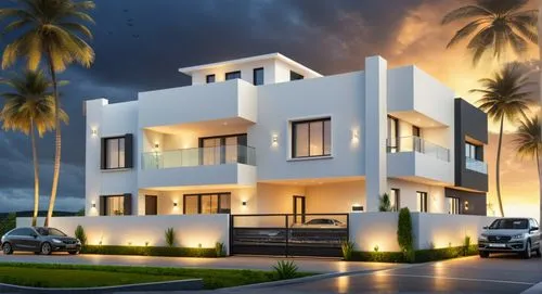 DARK GREY PROJECTED WALLS, GLASS, SPOT LIGHTING, CARS, LANDSCAPE, EVENING SKY BACK GROUND,modern house,3d rendering,residencial,exterior decoration,duplexes,beautiful home,residential house,townhomes,