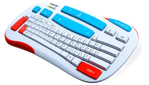 Cartoon keyboard, colorful keys, shiny surface, rounded edges, childlike design, bright blue enter key, red esc key, yellow function keys, white alphabetic keys, ergonomic shape, sloping angle, mornin