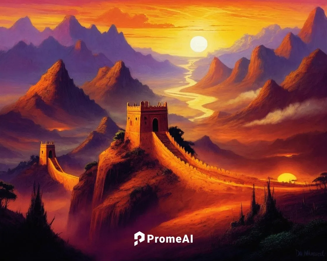 sunset at africa,this is an image of a painting of a sunset,fantasy landscape,fantasy picture,mountainous landscape,great wall,dragon bridge,mountain landscape,Illustration,Realistic Fantasy,Realistic