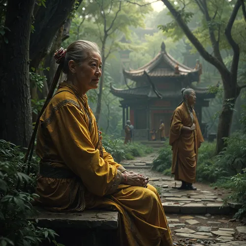 the person is sitting near a monk on the steps,buddhist monk,bhikkhuni,buddhists monks,bhikkhunis,zhaolin,daoists,zhuangzi,hanhwa,dzogchen,bhikkhu,indian monk,wudang,sakya,tulku,monk,khenpo,bhikshu,lu