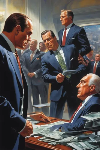 businessmen,business men,boardroom,business icons,stock broker,assassination,business people,richard nixon,financial advisor,men sitting,money case,an investor,a meeting,investors,mafia,congress,secret service,oil painting on canvas,financial crisis,executive,Conceptual Art,Fantasy,Fantasy 20